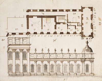 Castle Howard, Yorkshire: Ein früher Entwurf für die drei Buchten der Erhebung der Süd- oder Gartenseite und neun Buchten einstöckiger seitlicher Flügel mit einem Ausschnitt des Grundrisses, ca. 1699 von John Vanbrugh