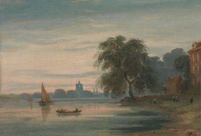 Ein Blick entlang der Themse in Richtung Chelsea Old Church von John Varley