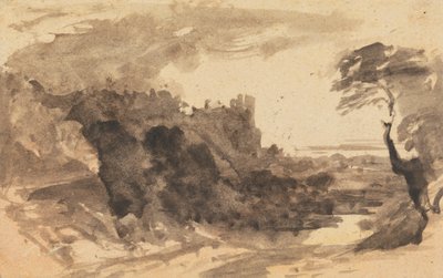 Romantische Landschaft mit einer Burg und einem Baum rechts von John Varley