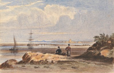 Küste mit zwei Figuren und einer entfernten Stadt von John Varley