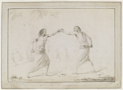 Zwei Männer beim Boxen, mit Zuschauern, die in einem Halbkreis sitzen, und Palmen, die im Hintergrund schwach skizziert sind von John Webber