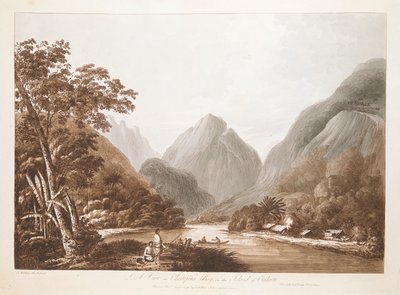 Ansicht in der Oheitepeha-Bucht, auf der Insel Otaheite. Landschaft mit zwei Figuren in einem Kanu auf einem Wasserstreifen, umgeben von hohen Bergen, mit dichten Bäumen an den unteren Hängen zu beiden Seiten, strohgedeckten Gebäuden am Ufer rechts und zwe von John Webber