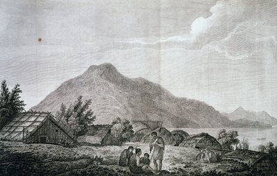 Im Hippah auf der Insel Motuara, basierend auf einer Zeichnung von John Webber (1750-1793), aus dem Bericht über die letzte Reise von James Cook (1776-1779), Gravur von John Webber