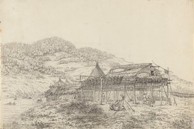 Die Balagans oder Sommerbehausungen, mit der Methode des Fischtrocknens, in St. Peter und Paul, Kamtschatka von John Webber