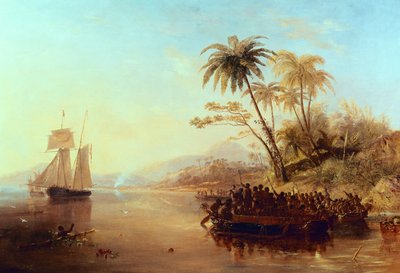 Ein britisches Vermessungsschiff im Südpazifik, begrüßt von Insulanern in Auslegerkanus, ca. 1840 von John Wilson Carmichael
