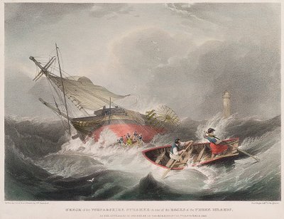 Das Sinken des Dampfschiffs Forfarshire auf den Felsen der Farne-Inseln (England), wie es bei Sonnenaufgang am 7. September erschien von John Wilson Carmichael