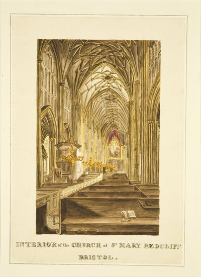 Blick auf das Mittelschiff von St. Mary Redcliffe, nach Osten, mit dem Hogarth-Altarbild, ca. 1824 von John Withers