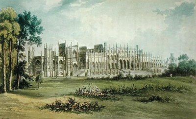 Eaton Hall, Westseite des Gartenfronts, aus Ackermanns Repository of Arts, veröffentlicht um 1826 von John after Gendall