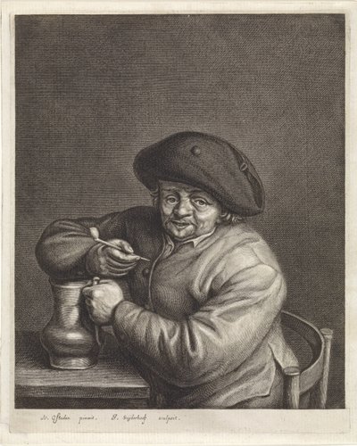 Bauer mit Pfeife und Krug in der Hand an einem Tisch von Jonas Suyderhoef