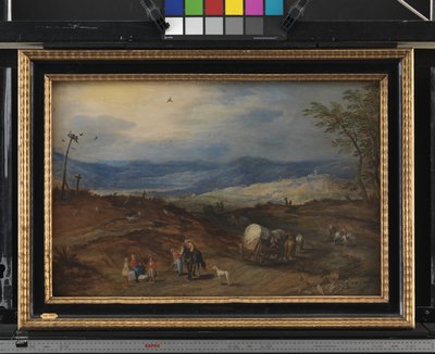 Landschaft mit einer Straße, die an einem Hinrichtungsplatz vorbeiführt von Joos de II Momper