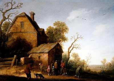 Eine bewaldete Landschaft mit Figuren und Hunden von Joost Cornelisz. Droochsloot