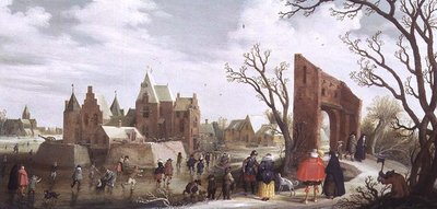 Schlittschuhläufer in einer Winterlandschaft von Joost Cornelisz. Droochsloot