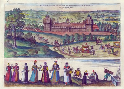 Ankunft von Königin Elizabeth I. im Nonesuch Palace und Männer und Frauen aus der Tudor-Gesellschaft, 1598 von Joris Hoefnagel