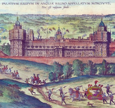 Ankunft von Königin Elizabeth I. im Nonsuch Palace, 1598 (Detail) von Joris Hoefnagel