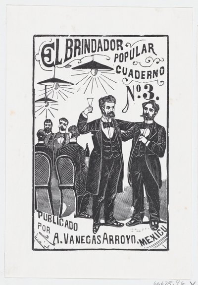 Ein Mann erhebt sein Glas mit einer Gruppe von Männern im Hintergrund von José Guadalupe Posada
