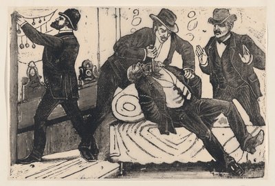 Ein Mann sticht einem anderen Mann in die Brust, während seine Komplizen ein Geschäft plündern, ca. 1890-1891 von José Guadalupe Posada