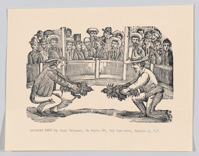 Zwei Männer in einer Arena, die Hähne für einen Kampf vorbereiten von José Guadalupe Posada