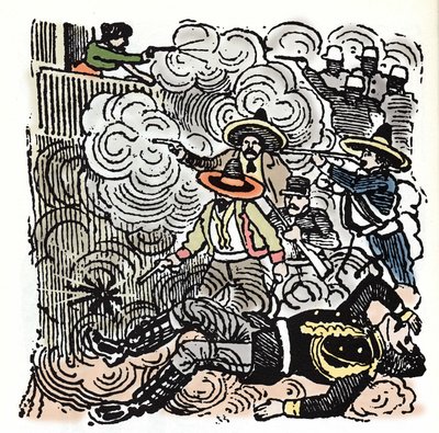 Die mexikanische Revolution (1910-1920): Angriff auf das Haus von Aquiles Serdan (1876-1910). Xylographie von Jose Guadalupe Posada (1852-1913). von José Guadalupe Posada