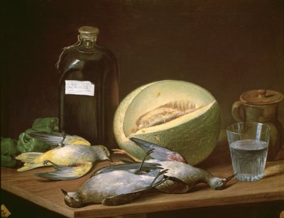 Stillleben mit Melone und Vögeln von Jose Lopez Enguidanos