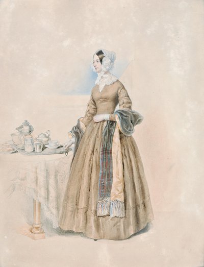 Bildnis der Fürstin Leopoldine Karoline Palffy, geb. Gräfin Kaunitz-Rietberg (Gemahlin des dritten Fürsten Anton Karl Palffy), an einem gedeckten Teetisch stehend von Josef Kriehuber