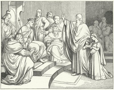 Beatrix von Hohenstaufen bittet König Otto IV. von Deutschland, den Mord an ihrem Vater, Philipp von Schwaben, zu rächen von Josef Mathias Trenkwald
