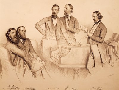 Gruppenporträt von Wiener Musikern und Komponisten: Franz von Suppé, Carl Binder, Anton Storch, Heinrich Proch und Anton Emil Titl, Lithographie von Josef Kriehuber von Josef Nikolaus Kriehuber
