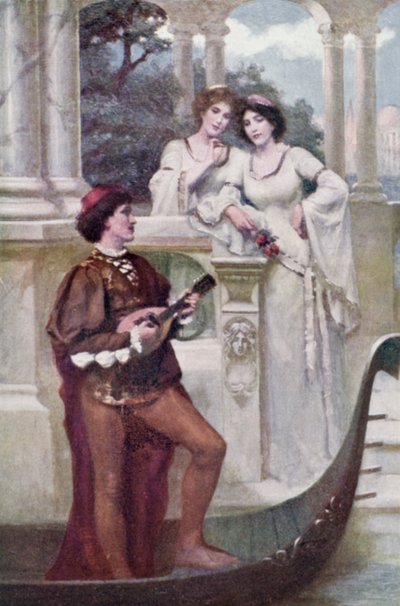 Junger Mann spielt Musik für zwei Damen (Farblithografie) von Joseph (after) Finnemore