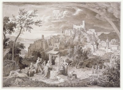 Ansicht der Stadt Olevano (Provinz Rom, Italien) mit dem Regenbogen von Joseph Anton Koch