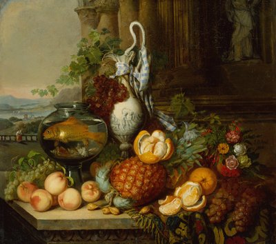 Stillleben mit Früchten, Fischglas und Landschaft von Joseph Biays Ord