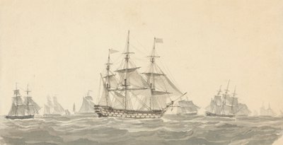 Seitenansicht eines Schlachtschiffs, umgeben von mehreren anderen in schwerer See von Joseph Cartwright