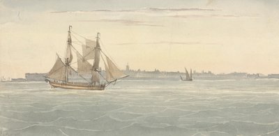 Einzelner Schoner (?) Ein weiteres Segelschiff gegen die Silhouette der Stadt im Hintergrund von Joseph Cartwright