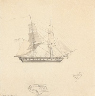 Einzelner Brigg; Skizzen von separatem Heck und Ruder von Joseph Cartwright
