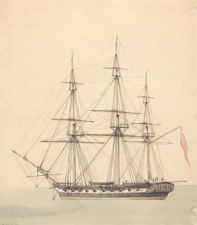 Einzelne Korvette (?) mit drei Figuren in Marineuniformen und Union Jack von Joseph Cartwright