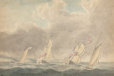 Zwei Kriegsschiffe, eine Bark und ein Schoner (?), Heck voraus, in schwerer See; mehrere Segelschiffe im Hintergrund von Joseph Cartwright