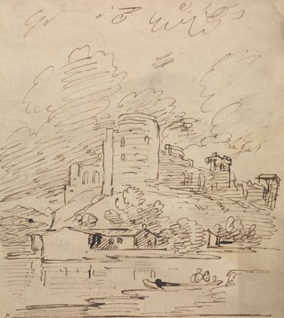 Schloss mit einem runden Turm über einem Fluss von Joseph Farington