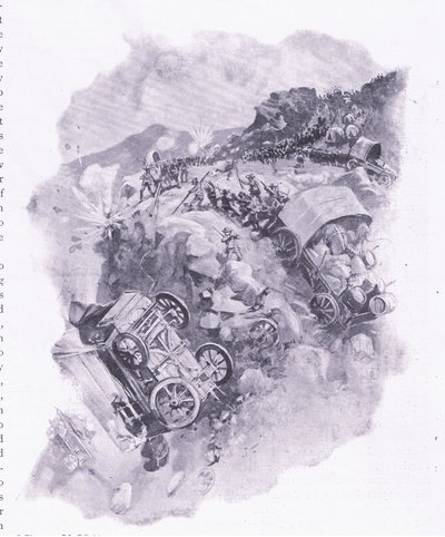 Die Buren zerstören ihre Wagen bei Spitzkop, Illustration aus After Pretoria: The Guerilla War, 1902 von Joseph Finnemore