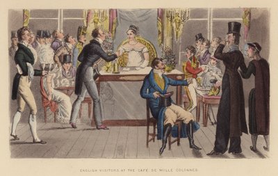 Englische Besucher im Café de Mille Colonnes (farbige Gravur) von Joseph Grego