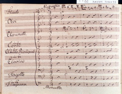Erste Seite der Partitur des Menuetts in Sinfonie 66 in B-Dur von J. Haydn von Joseph Haydn