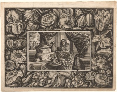 Stillleben mit Käse und Obst mit Ornamentrand von Joseph Kling