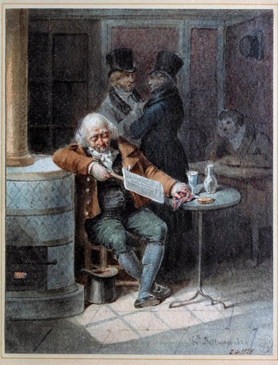 Lesen der Gazette: alter Mann schläft in einem Café und liest die Zeitung „The Gazette“ im Jahr 1824. Lithographie von Joseph Louis Hippolyte Bellange (1800-1866) von Joseph Louis Hippolyte Bellange