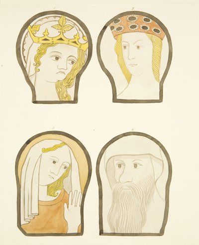 Vier Köpfe in Buntglasfenstern südlich des Chors in der Kathedrale von Bristol von Joseph Manning