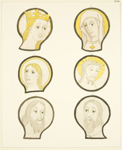 Sechs Köpfe in Buntglasfenstern südlich des Chors in der Kathedrale von Bristol von Joseph Manning