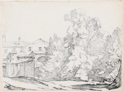 Bäume, die ein auf antiken Ruinen gebautes Haus verdecken von Joseph Marie Vien