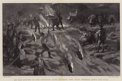 Ein alter Brauch in den österreichischen Alpen, das Feuerrad den Hügel hinunterrollen von Joseph Nash