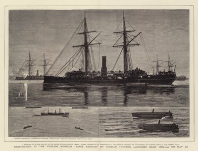 Zerstörung des türkischen Monitors Hifse Rahman durch russische Torpedoboote in der Nähe von Ibraila am 26. Mai von Joseph Nash