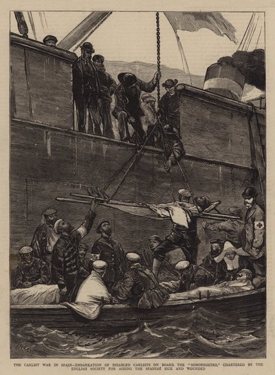Der Karlistenkrieg in Spanien, Einschiffung von behinderten Karlisten an Bord der Somorrostro, gechartert von der englischen Gesellschaft zur Unterstützung der spanischen Kranken und Verwundeten von Joseph Nash