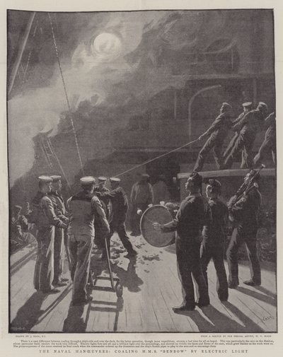 Die Marine-Manöver, Kohlenversorgung der HMS Benbow bei elektrischem Licht von Joseph Nash