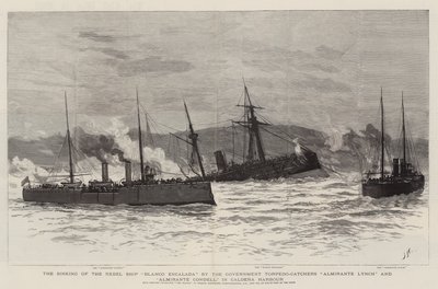 Das Sinken des Rebellen-Schiffs Blanco Encalada durch die Regierungstorpedofänger Almirante Lynch und Almirante Condell im Hafen von Caldera von Joseph Nash