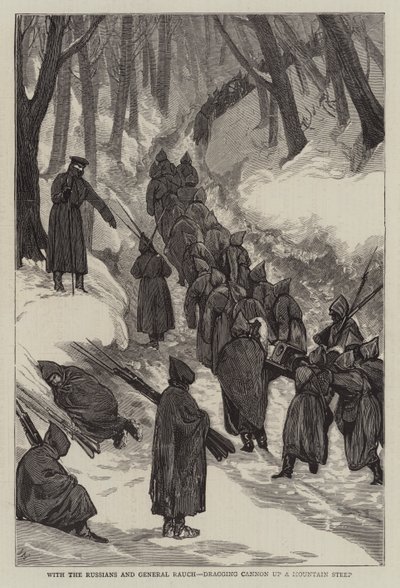 Mit den Russen und General Rauch, Kanonen einen steilen Berg hinaufziehend von Joseph Nash