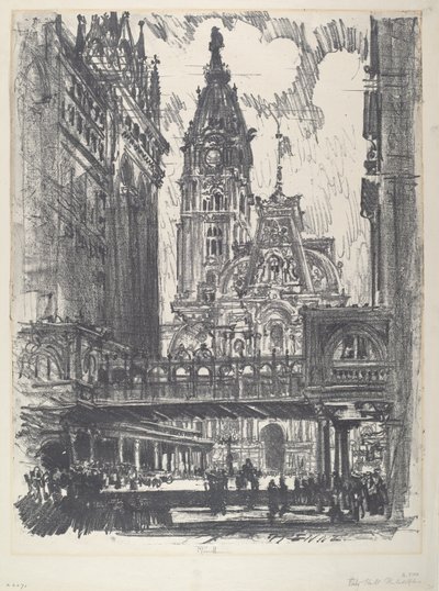Das Rathaus und die Brücke über die Market Street, 1912 von Joseph Pennell